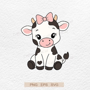 Niedliches Baby-Kuh-SVG mit rosa Schleife, bezaubernde Kälber-Schnittdatei, Bauernhoftier-Cliparts, florale Färsen-Silhouette, verspieltes Mädchen-Kuh-PNG, kommerziell