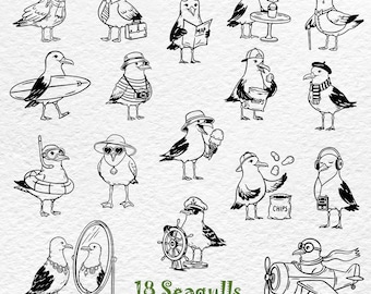 Funny Seagulls SVG Clipart, Nautical Cricut Files, Sailor Seagull Cut File, Maritime Silhouette SVG, Cute Seagull PNG Bundle