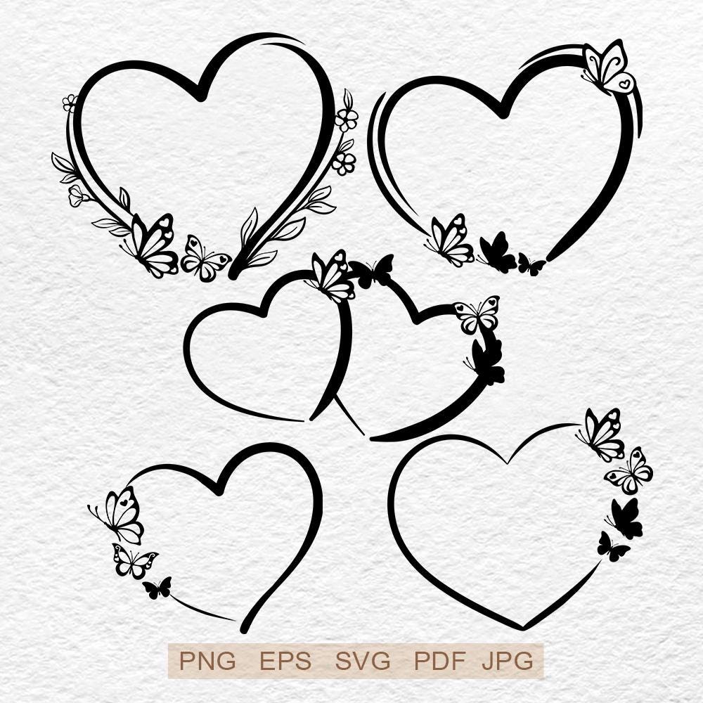 Butterfly Heart Frame SVG Bundle, Heart Border, Heart Clipart, Floral ...