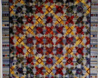 Large Queen Size Traditional Quilt Made With the Pineapple Block in Autumn Leaf Colors and Gray Blues