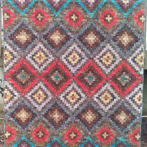 Full Size Strip Pieced Geometric Pattern Quilt in Red Turquiose and Neutral Batiks image 1