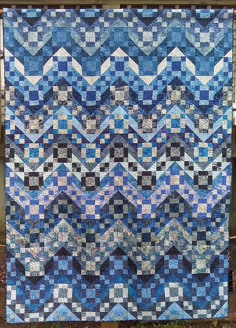 Full Size Jacob's Quilt Pieced in Many Shades of Blue Batiks image 1