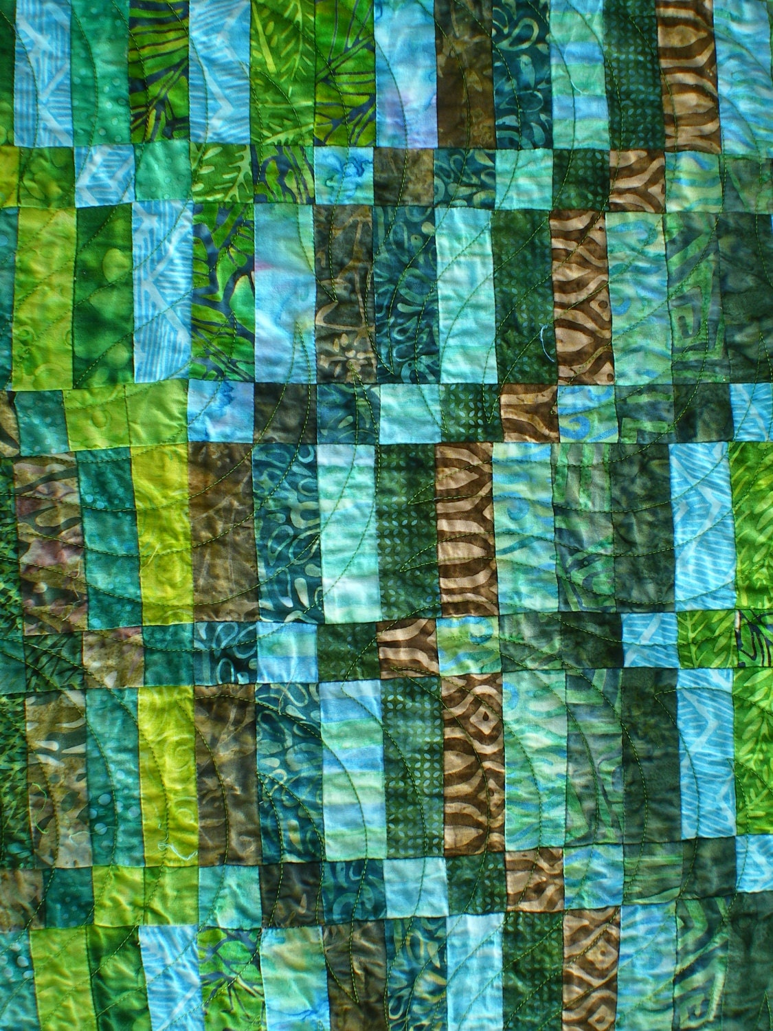 Large Square Contemporary Quilt in Green Brown and Blue Etsy
