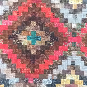 Full Size Strip Pieced Geometric Pattern Quilt in Red Turquiose and Neutral Batiks image 2