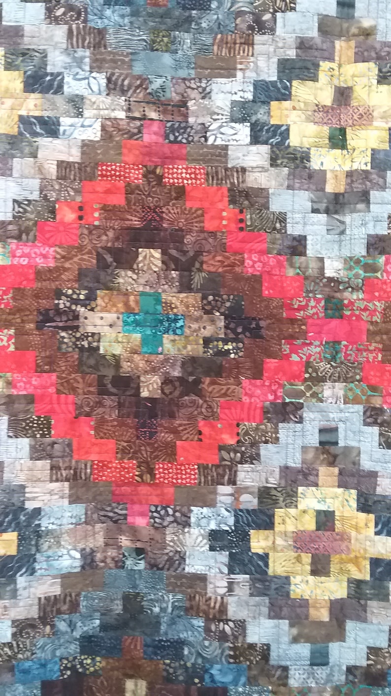 Full Size Strip Pieced Geometric Pattern Quilt in Red Turquiose and Neutral Batiks image 2