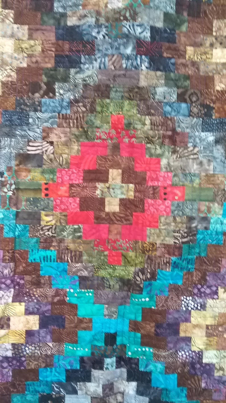 Full Size Strip Pieced Geometric Pattern Quilt in Red Turquiose and Neutral Batiks image 3