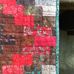 Full Size Strip Pieced Geometric Pattern Quilt in Red Turquiose and Neutral Batiks image 5