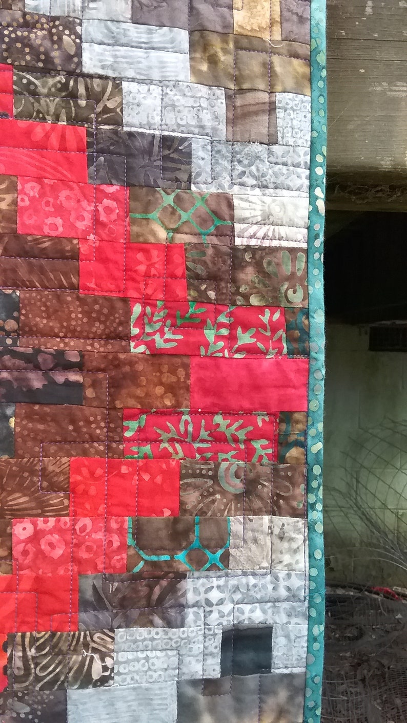 Full Size Strip Pieced Geometric Pattern Quilt in Red Turquiose and Neutral Batiks image 5