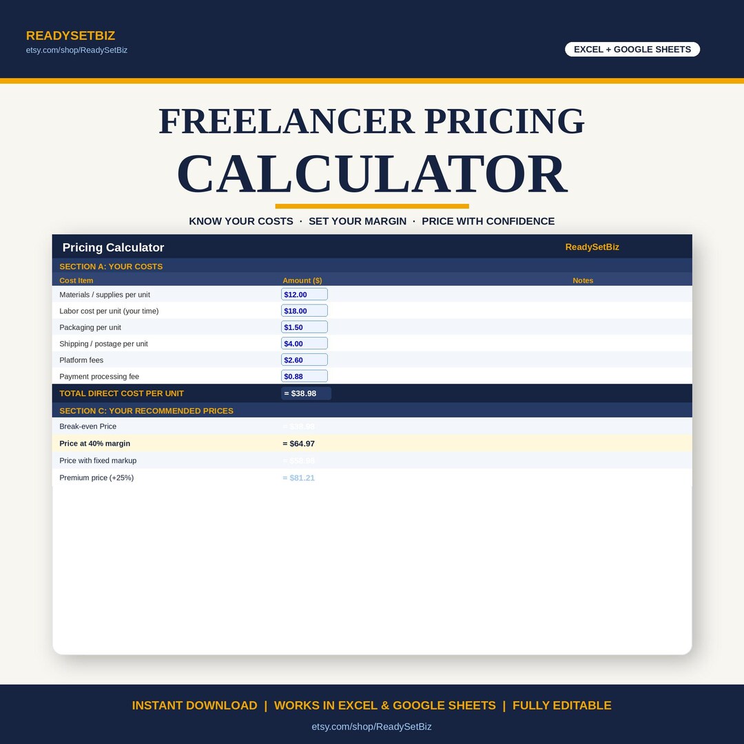 Freelancer Pricing Calculator | Excel Google Sheets Template (instant ...