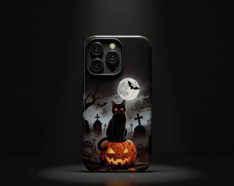 Halloween Cat iPhone Case: Gothic Black Cat & Pumpkin