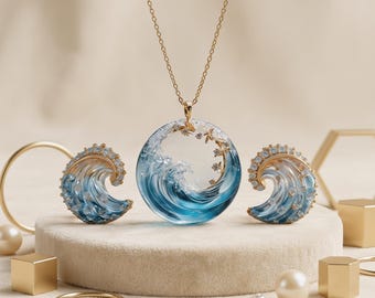 Ocean Wave Resin Jewelry Set Gold Diamond Crystal Clear Resin Pendant & Earrings California Coast Inspired Luxury Jewelry