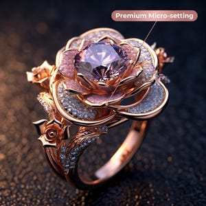 May include: A rose-shaped ring with a large, faceted purple gemstone at its centre. The ring features rose gold metal with pink and white accents, and small, sparkling stones. The text "Premium Micro-setting" is visible.