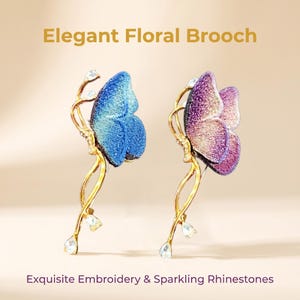 2Pcs Embroidery Butterfly Brooch Set, Gold Wire Rhinestone Tassel Lapel Pin Pack, Gradient Fabric Butterfly Jewelry for Coat Scarf