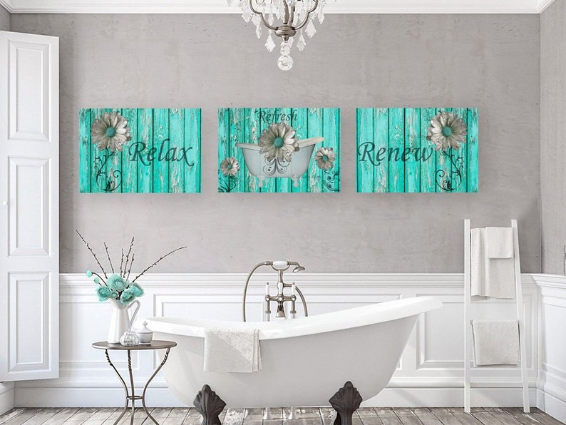 Farmhouse Bathroom Print or Canvas Set Rustic Teal Bathroom Etsy
