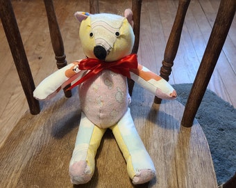 Handmade Patchwork Teddy Bear, Upcycled Fabric Scrap Plush