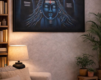 Pintura del Señor Shiva que brilla en la oscuridad / Arte mural de Mahadev / Decoración espiritual hindú / Lienzo luminoso de Shiva / Pintura mural / Arte de Shiva
