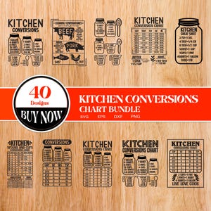 Pode incluir: Um conjunto de tabelas de conversão de cozinha em preto e branco, com medidas em xícaras, pintas e litros. As tabelas também incluem temperaturas de cozimento para carne. Um botão "Comprar agora" é visível.