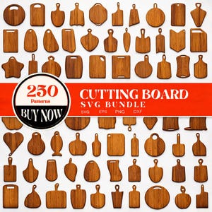Peut inclure: Une collection de planches à découper en bois de différentes formes et tailles. Les planches sont présentées sur un fond blanc. L'image comprend le texte "CUTTING BOARD SVG BUNDLE" et "BUY NOW".