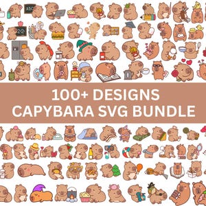 Könnte beinhalten: Eine Sammlung von über 100 Cartoon-Capybara-Designs in verschiedenen Posen und mit verschiedenen Accessoires. Das Bild enthält den Text "100+ DESIGNS CAPYBARA SVG BUNDLE". Die Capybaras sind in Braun- und Beigetönen gehalten.