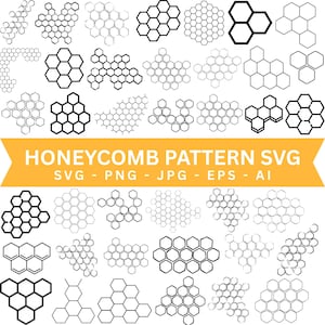 Könnte beinhalten: Eine Sammlung von Bienenwabenmustern in verschiedenen Stilen, einschließlich Voll- und Umrissdesigns. Das Bild zeigt den Text "HONEYCOMB PATTERN SVG" mit Dateiformatoptionen: SVG, PNG, JPG, EPS und AI. Die Designs sind in Schwarz und Weiß.