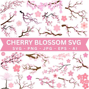 Könnte beinhalten: Eine Sammlung von Kirschblüten-Illustrationen in Rosa und Braun. Das Bild enthält verschiedene Zweige, Blüten und ein Banner mit der Aufschrift "CHERRY BLOSSOM SVG" mit Dateitypoptionen. Die Blüten stehen in voller Blüte.