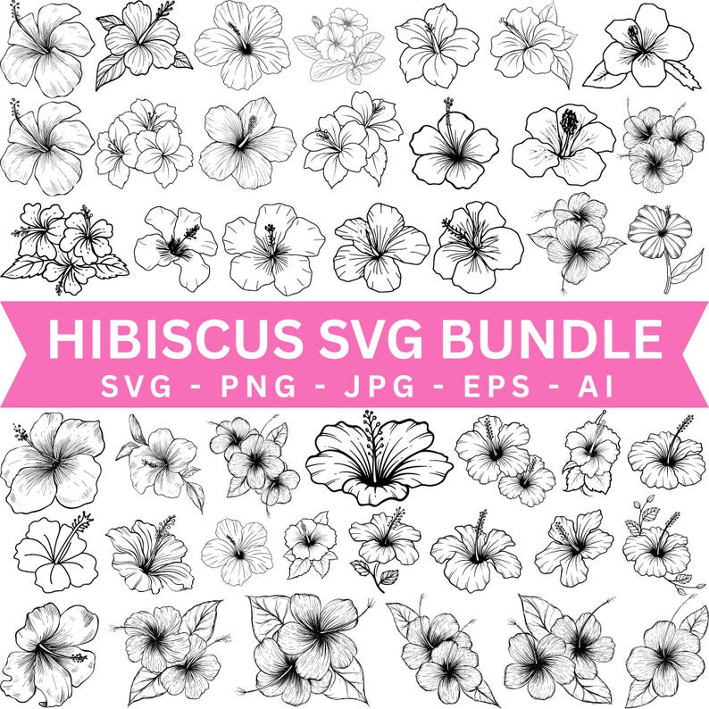 Hibiscus Flower SVG PNG Clipart Bundle | Tropical Floral Line Art Set ...