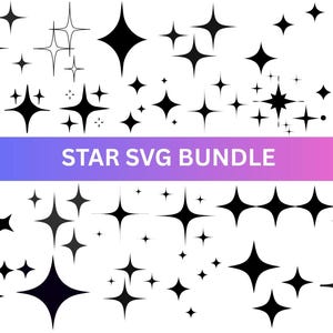 Può includere: Una collezione di forme di stelle nere di varie dimensioni e stili su sfondo bianco. L'immagine include il testo "STAR SVG BUNDLE" su uno striscione sfumato viola e rosa. Le stelle sono adatte per il design digitale.