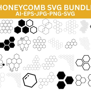 Puede incluir: Un paquete gráfico digital con varios diseños de panal en blanco y negro. La imagen incluye diferentes patrones de panal, hexágonos sólidos y delineados, y el texto "HONEYCOMB SVG BUNDLE AI-EPS-JPG-PNG-SVG".