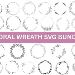 Puede incluir: Una colección de diseños de coronas florales en blanco y negro en varios estilos. La imagen incluye coronas con hojas, flores y otros elementos botánicos. El texto en la parte inferior dice "FLORAL WREATH SVG BUNDLE".
