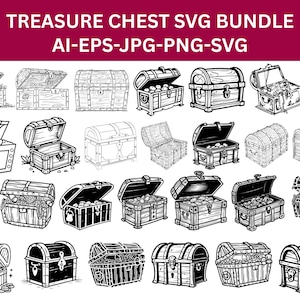 Op de afbeelding: Een verzameling zwart-wit illustraties van schatkisten, sommige open en gevuld met munten, juwelen en een zeester. De tekst "TREASURE CHEST SVG BUNDLE" staat bovenaan, samen met informatie over het bestandstype.
