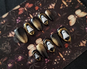 Set de Faux Ongles Press-On Amande courte | Nail Art Fantôme et cadres 3D | Ongles Gothique Halloween Noirs et Or | Fait Main Réutilisables