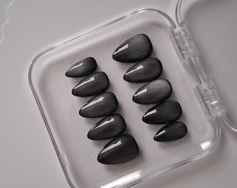 Uñas postizas de ojo de gato negro a presión / Uñas postizas clásicas almendradas negras brillantes / Manicura elegante de lujo / Uñas reutilizables hechas a mano