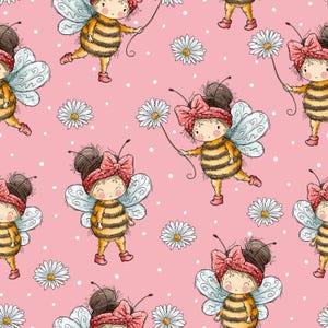 Könnte beinhalten: Ein sich wiederholendes Muster von Cartoon-Bienenfiguren mit gestreiften Körpern, Flügeln und Schleifen, die Gänseblümchen halten. Die Bienen befinden sich auf einem rosa Hintergrund mit weißen Punkten und Gänseblümchen. Die Illustration hat einen skurrilen Stil.
