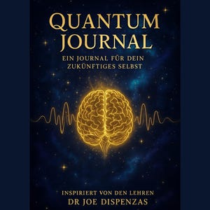 May include: A book cover with the title "QUANTUM JOURNAL" in gold lettering. The cover features a glowing gold brain illustration, with the text "EIN JOURNAL FÜR DEIN ZUKÜNFTIGES SELBST" and "INSPIRIERT VON DEN LEHREN DR JOE DISPENZAS" below.