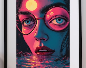 Neon Psychedelic Woman Portrait - Surreal Pop Art Digital Print