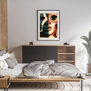 70er-Jahre Pop-Art Split Portrait Print, Kräftige Rot-, Blau- und Cremetöne (Digitaler Download)