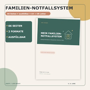 Może przedstawiać: Cyfrowy dokument zatytułowany FAMILIEN-NOTFALLSYSTEM z ciemnozielonym nagłówkiem zawierającym ikonę domu i strzałkę. Strona zawiera tekst w języku niemieckim, określający 66 stron, dwa formaty i pola do wypełnienia. Projekt autorstwa V. A. Lane.