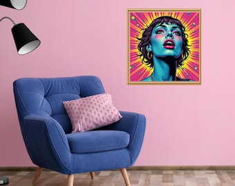 Neon Woman Pop Art Portrait, Retro Psychedelic Colors (Digital Download)