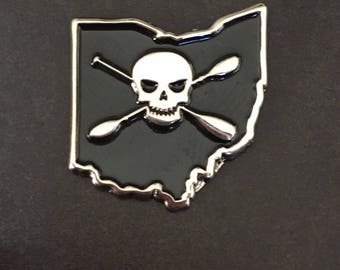 Ohio Skull & Paddle Pirate Metal Pin CLE Silver Hat Enamel Kayak SUP Black