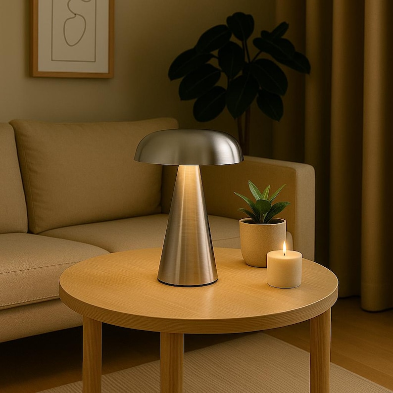 Lámpara de mesa LED champignon, luz ambiental recargable por captador táctil