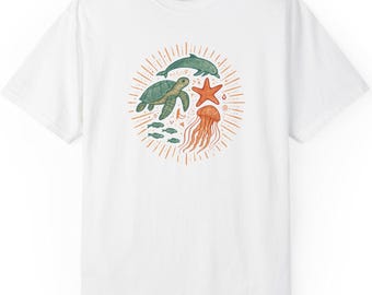 Sea Life Illustration Turtle Starfish Jellyfish T-Shirt | Ocean Wildlife Tee
