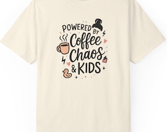 Powered by Coffee Chaos & Kids T-shirt | Funny Mom Dad Parenting Shirt