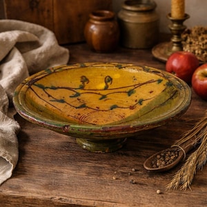 Antique 19th Century American Redware Pedestal Bowl, Hand-Thrown Folk Pottery French Provencial Style Slipware