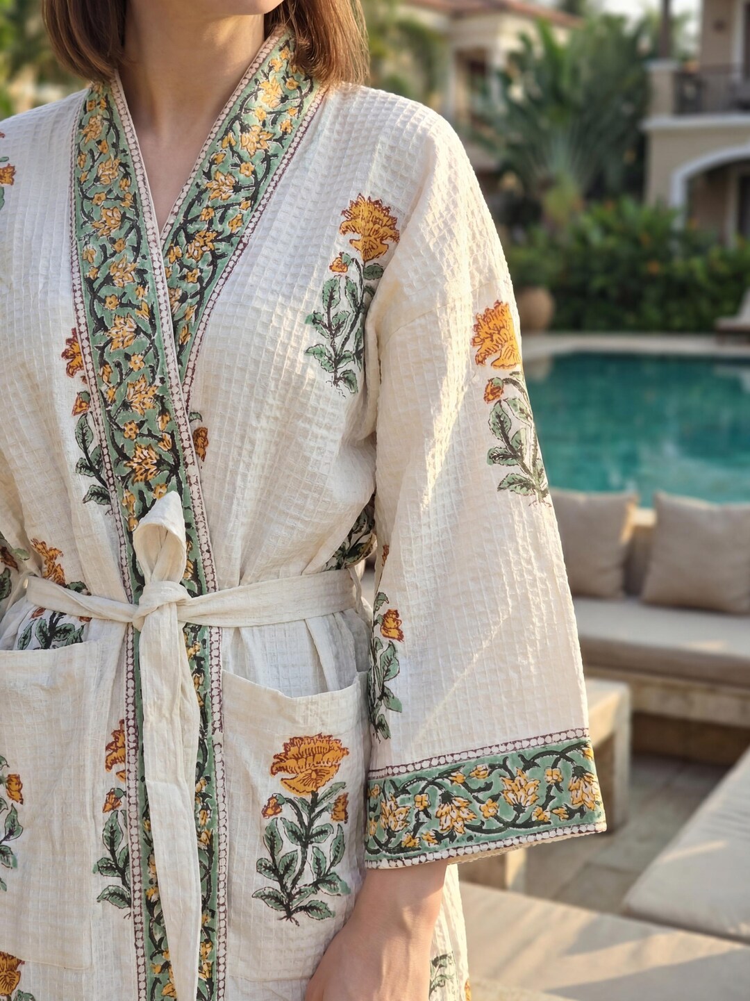 Pure Cotton Waffle Bath Robe, Hand Block Print Floral Kimono Wrap ...