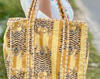 Tiger Print Cotton Tote Bag : Handmade Quilted Market Bag