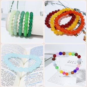 May include: Four bracelets with round beads in various colors. One bracelet features shades of green, another red, orange, and yellow beads, a third light blue, and the last one has a rainbow of colors. The bracelets are displayed on a white surface and open books.