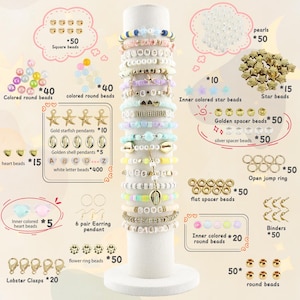 May include: A display of bracelet-making supplies, including various beads, charms, and clasps. The bracelets are arranged on a white stand, showcasing a variety of colors and designs. The image also includes labels indicating the quantity of each item.