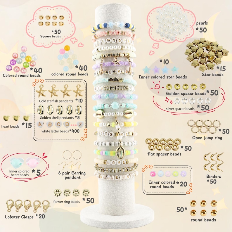 May include: A display of bracelet-making supplies, including various beads, charms, and clasps. The bracelets are arranged on a white stand, showcasing a variety of colors and designs. The image also includes labels indicating the quantity of each item.