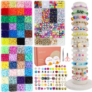 May include: A collection of colorful polymer clay beads, letter beads, and charms for jewelry making. Includes a variety of shapes, sizes, and colors, along with tools and string. Several handmade bracelets are displayed on a cylindrical stand.