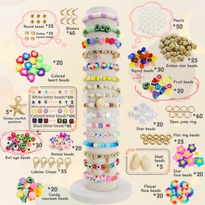 May include: A display of colorful bracelet-making supplies, including beads, pendants, and clasps. The image showcases various bead types, such as round, star, and letter beads, along with lobster clasps and other jewelry-making components. Ideal for DIY jewelry projects.
